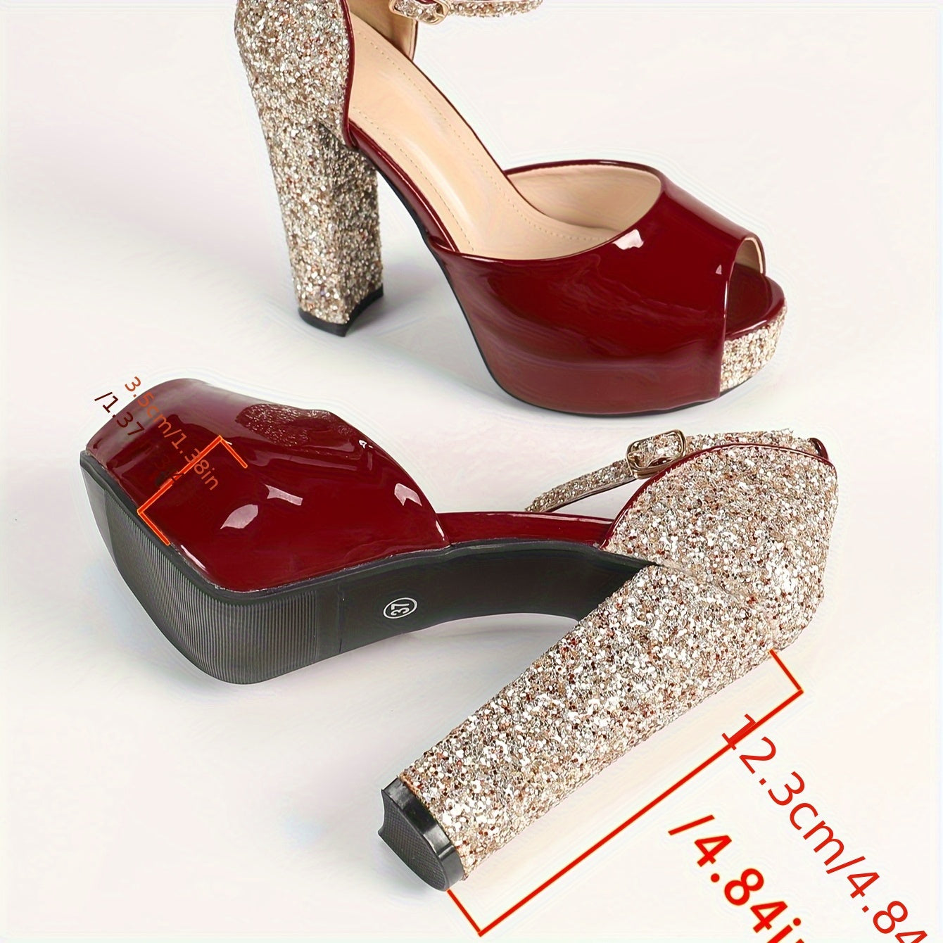Sparkling Glitter Starry Fish-Mouth Platform High Heel Shoes - Burgundy Synthetic Cover with Ankle Strap & Hook-and-Loop Closure, Thick Block Heel for Weddings, Stage Performances, Nightclub Events, Glamorous Events | Glitter